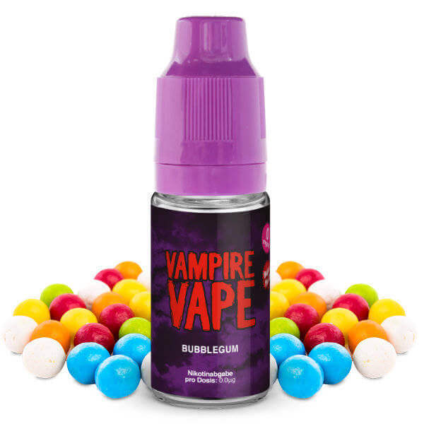 Vampire Vape Bubblegum Liquid bottle with colorful candy on a white background, showcasing fruity bubblegum flavor.